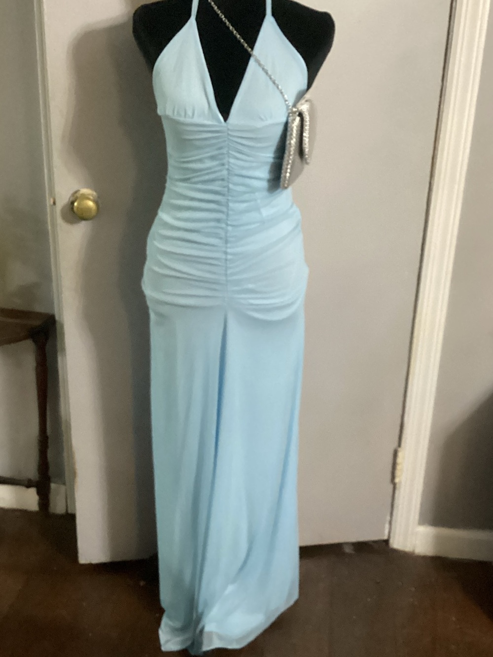 PrettyLittleThing Sky Blue Ruched Halter Maxi Dress